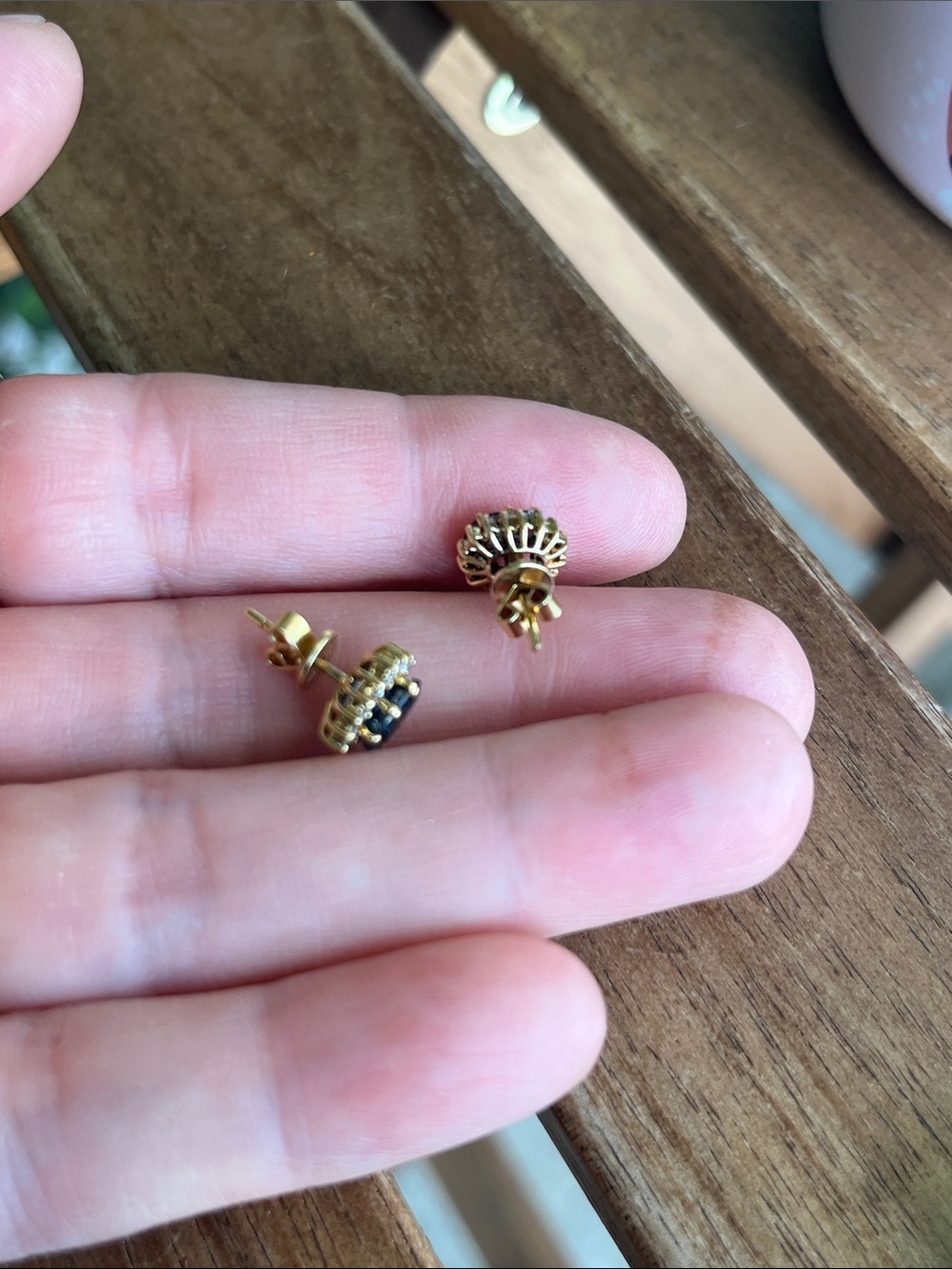18k Gold Stud Earrings with Deep Blue oval  sapphires & diamond halo - Picture 5 of 6